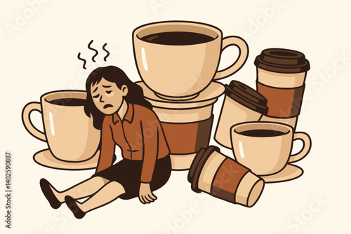 Caffeine Addiction Concept Vector Illustration with Exhausted Woman Surrounded by Coffee Cups and To-Go Mugs, Depicting Fatigue and Overconsumption in Modern Work Culture