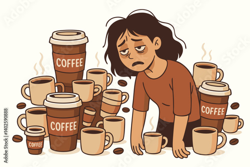 Caffeine Addiction Illustrated: Exhausted Woman Surrounded by Coffee Cups and To-Go Mugs, Humorous Vector Graphic for Workplace Stress and Overconsumption