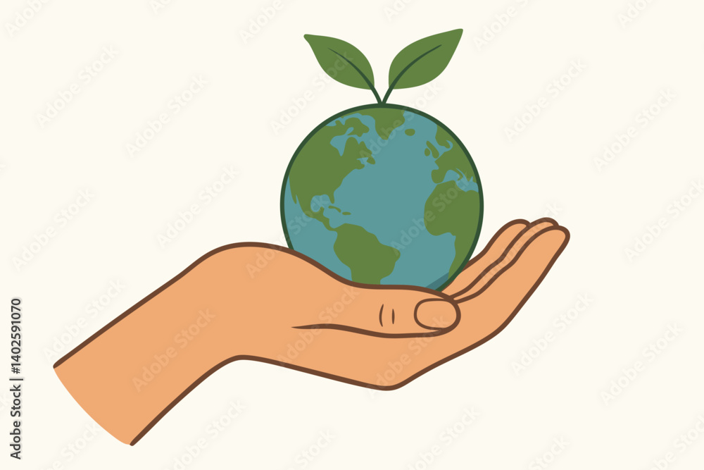 Nurturing Earth: Hand Holding Sustainable Planet with Sprouting Leaves, Environmental Conservation Vector Illustration for Green Initiatives, Climate Action, and Eco-Friendly Campaigns Nurturing Earth: Hand Holding Sustainable Planet with Sprouting Leaves, Environmental Conservation Vector Illustration for Green Initiatives, Climate Action, and Eco-Friendly Campaigns