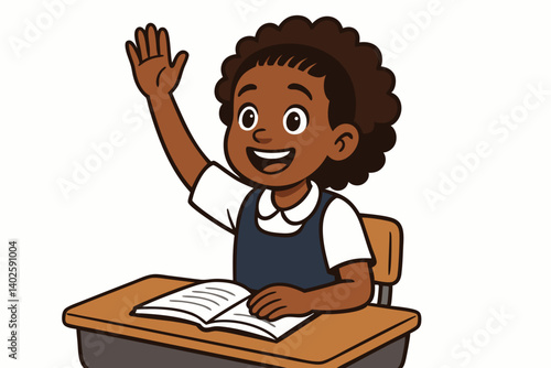 Cheerful African American Elementary School Student Raising Hand in Classroom, Enthusiastic Child Learning with Open Book, Educational Cartoon Character, Diverse Representation Vector Illustration
