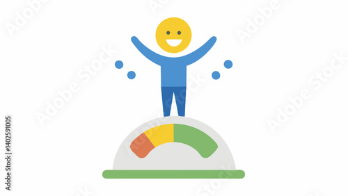 Progress Tracker The user stands on a scale with a translucent gauge visible in the air displaying weight loss progress as a percentage with a cheerful feedback emoji.