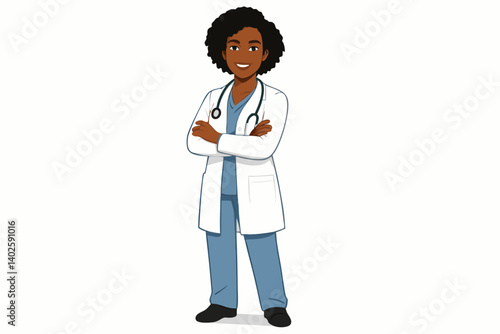 Confident African American Female Doctor with Stethoscope in White Lab Coat and Blue Scrubs, Vector Illustration for Healthcare Professionals, Medical Staff Representation, Hospital Personnel