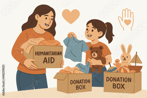 Humanitarian Aid and Charity Donation Vector Illustration with Mother and Child Sorting Clothes and Toys for Disaster Relief, Community Support, and Volunteer Work in Warm Earthy Colors
