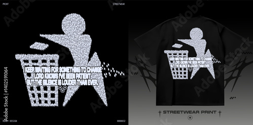 Brutalist trash icon print made of flying mouse cursors. Black and white screen print design with conceptual glitchless aesthetic. Vector