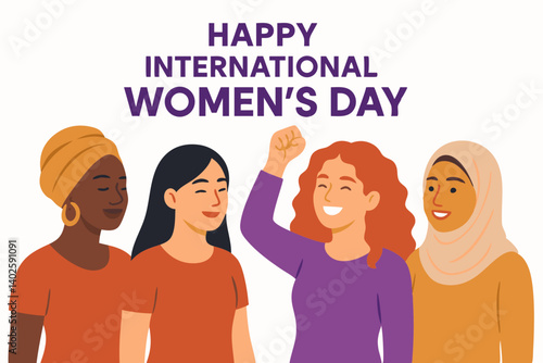 Diverse Women Unite: Empowering International Women's Day Celebration Vector Illustration with Multicultural Female Portraits, Solidarity Gesture, and Vibrant Colors for Global Equality Movement
