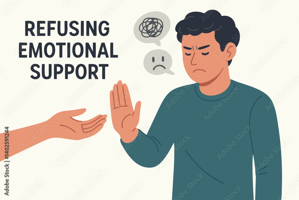 Mental Health Illustration of Man Refusing Emotional Support with Stop Hand Gesture, Psychological Barriers Concept, Emotional Isolation Vector Artwork for Therapy, Counseling and Wellness Resources Mental Health Illustration of Man Refusing Emotional Support with Stop Hand Gesture, Psychological Barriers Concept, Emotional Isolation Vector Artwork for Therapy, Counseling and Wellness Resources