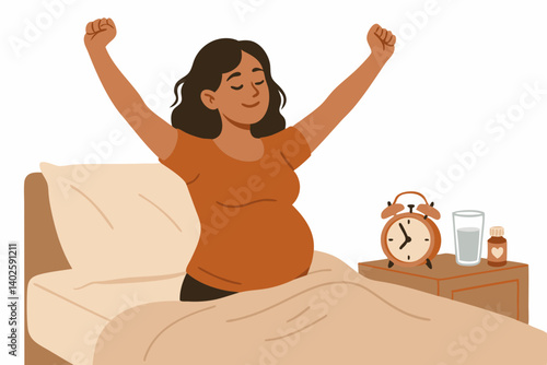 Joyful Pregnant Woman Stretching in Bed with Morning Sunlight, Healthy Pregnancy Lifestyle Illustration with Alarm Clock and Prenatal Vitamins, Maternal Wellness and Self-Care Vector Graphic
