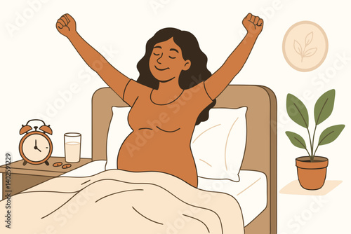 Joyful Pregnant Woman Stretching in Bed with Morning Wellness Routine, Minimalist Vector Illustration with Alarm Clock, Water Glass and Houseplant, Maternal Health and Self-Care Concept