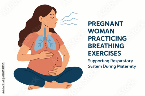 Pregnant Woman Practicing Deep Breathing Techniques: Illustrated Guide to Prenatal Respiratory Exercises for Expectant Mothers, Promoting Relaxation and Lung Health During Pregnancy