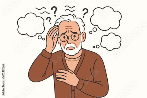 Elderly Man Experiencing Memory Loss: Vector Illustration of Senior Citizen with Confused Expression, Thought Bubbles, and Question Marks for Alzheimer's Awareness, Healthcare, and Aging Concepts