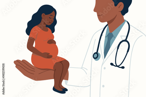 Compassionate Prenatal Care: African American Pregnant Woman and Doctor Vector Illustration for Healthcare, Maternity, and Medical Consultation Design Projects