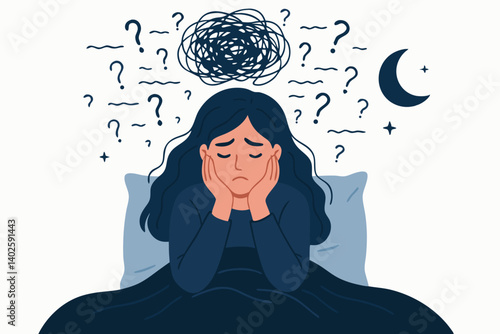 Sleepless Woman with Anxiety and Racing Thoughts at Night Vector Illustration, Mental Health Concept, Insomnia and Overthinking Problem, Psychological Stress Visualization, Emotional Distress Art