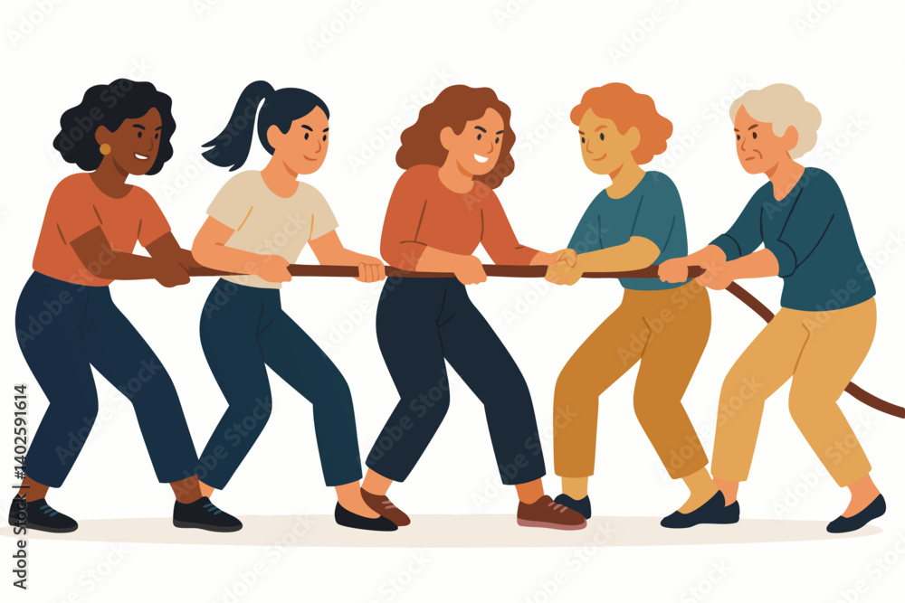 Diverse Women Team Building Tug of War Competition Vector Illustration, Female Empowerment and Collaboration Concept, Multicultural Group Working Together in Colorful Minimalist Flat Design Diverse Women Team Building Tug of War Competition Vector Illustration, Female Empowerment and Collaboration Concept, Multicultural Group Working Together in Colorful Minimalist Flat Design