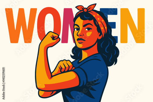 Empowered Woman Vector Illustration with Retro Rosie the Riveter Style, Colorful Feminist Strength Symbol with Bandana and Flexed Arm, Women's Rights Movement Graphic for International Women's Day