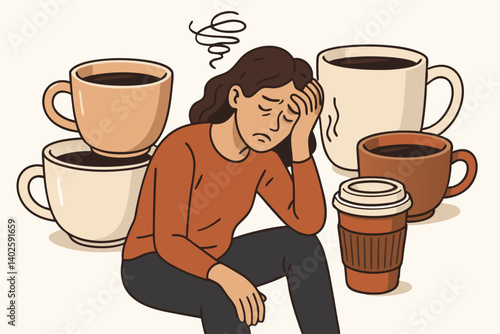 Caffeine Overload: Stressed Woman Surrounded by Coffee Cups, Vector Illustration of Exhaustion and Overconsumption, Concept Art for Burnout and Anxiety in Modern Life