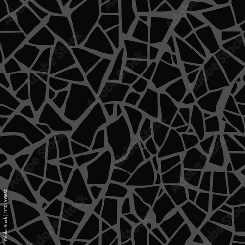 Terrazzo flooring seamless fragments pattern in black colors. Texture of mosaic floor with debris marble stones. Tile with pebbles and stone. Cracked, shattered into small pieces background. Vector 