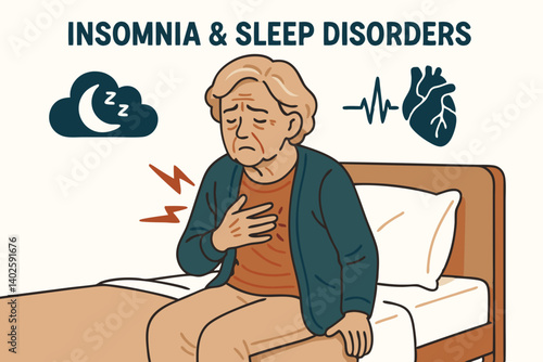 Elderly Man Suffering from Insomnia with Heart Palpitations in Bed Medical Illustration