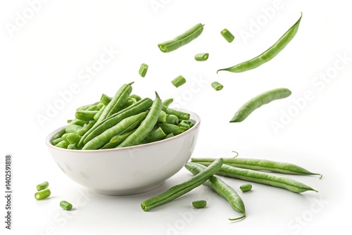 Floating Fresh Green Beans Macro Isolated on White with Motion Blur