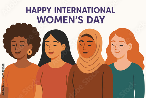 Diverse Women Celebrating International Women's Day Vector Illustration with Multicultural Female Characters in Colorful Attire, Minimalist Portrait Design for Equality and Empowerment Concept