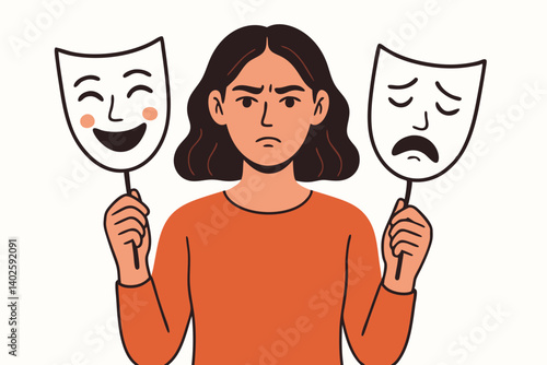 Bipolar Emotional Masks Vector Illustration with Woman Holding Comedy and Tragedy Theatrical Symbols, Mental Health Concept Art for Psychology, Mood Disorder, and Emotional Intelligence Design