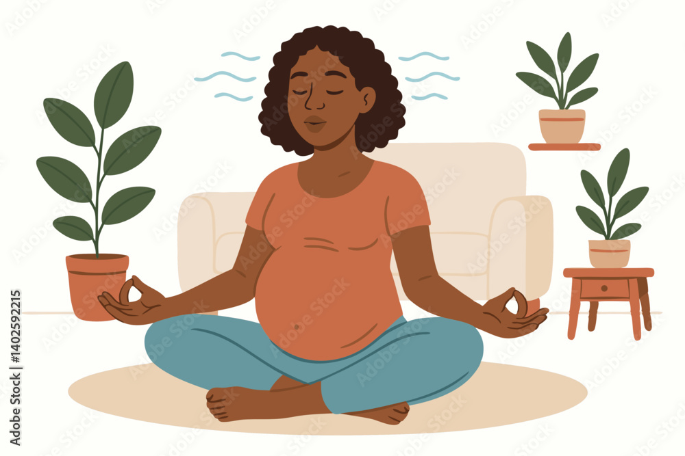 Serene Pregnant Woman Meditating in Lotus Position with Houseplants, Vector Illustration of Mindfulness During Pregnancy, Peaceful Expectant Mother Practicing Yoga at Home, Prenatal Relaxation Serene Pregnant Woman Meditating in Lotus Position with Houseplants, Vector Illustration of Mindfulness During Pregnancy, Peaceful Expectant Mother Practicing Yoga at Home, Prenatal Relaxation
