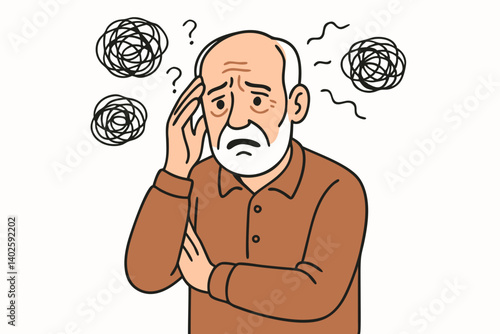 Confused Elderly Man Vector Illustration with Thought Bubbles and Question Marks, Senior Citizen Experiencing Memory Loss or Dementia, Worried Expression, Mental Health Awareness Concept Art