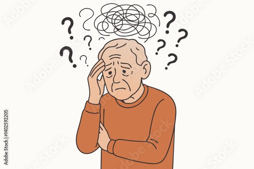 Elderly Man Experiencing Confusion and Memory Loss: Vector Illustration of Senior Citizen with Tangled Thoughts, Question Marks, and Worried Expression for Alzheimer's Awareness