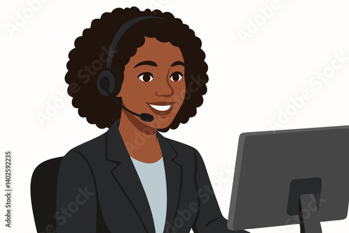 Professional Call Center Representative with Headset Working at Computer in Modern Office Environment