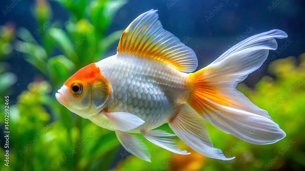 a vibrant, high-resolution photograph of a calico goldfish swimming in a clear aquarium. a vibrant, high-resolution photograph of a calico goldfish swimming in a clear aquarium.