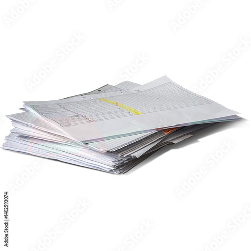 A stack of documents with charts and data, likely for analysis or record-keeping purposes.