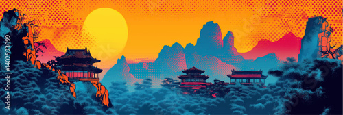 vector illustration of Chinese landscape with sunset in pop art comic book style with dotted halftone