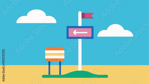 Signage An illustration of a clear and colorful signpost at the entrance of an accessible beach indicating facilities like accessible restrooms ramps and beach chair rentals.