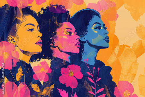 Illustrations featuring women leading movements for equality, advocating for their rights and empowerment, breaking barriers and challenging stereotypes, inspiring change
