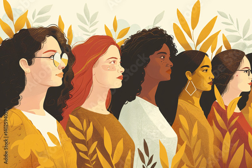 Illustrations featuring women leading movements for equality, advocating for their rights and empowerment, breaking barriers and challenging stereotypes, inspiring change
