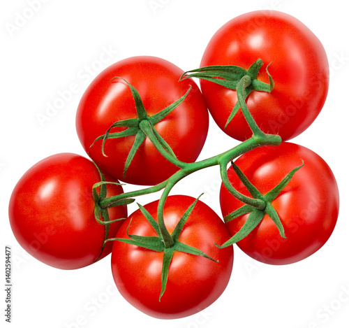 Tomato isolated png. Tomato branch on a transparent background. Perfect retouched png tomato no background. Top view tomatoes. Full depth of field.