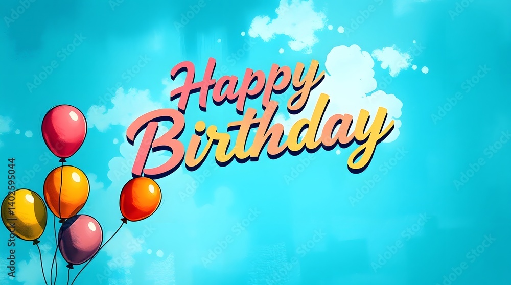 Naklejka premium Colorful Happy Birthday Balloons: Cheerful Celebration Design on Blue Sky with Clouds. Festive Greetings for Birthday Wishes & Cards