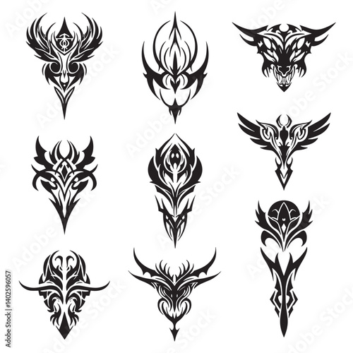 Animal head tribal tattoos with sharp symmetrical features abstract Maori art patterns vintage wing silhouettes and geometric ornament for tattoo designs
