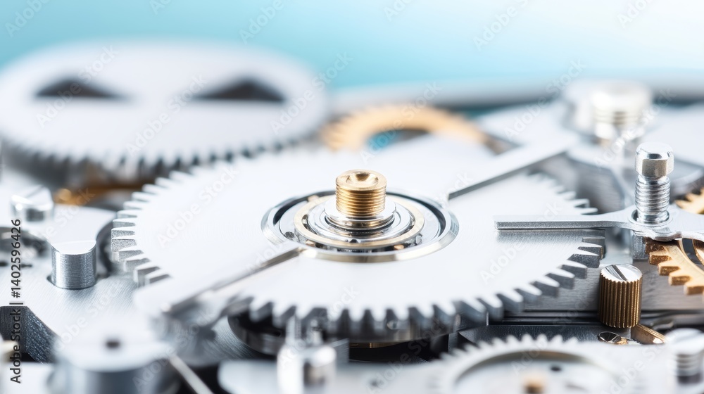 Close up of clockwork gears: silver and gold mechanism details with a soft blue background Close up of clockwork gears: silver and gold mechanism details with a soft blue background