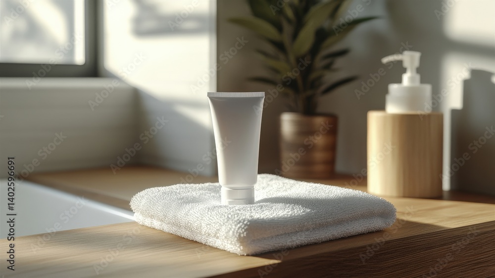 Fototapeta premium Stylish Skincare Product Display on a Wooden Bathroom Table