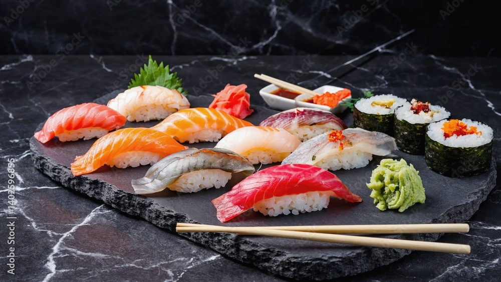 An array of sushi items, including raw fish and gourmet ingredients, presented on a sleek black platter at an elegant dining table.