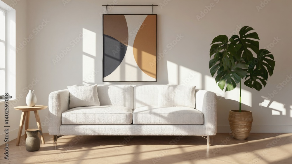 Spacious living room with sunlit floor, sofa, modern artwork and decor.