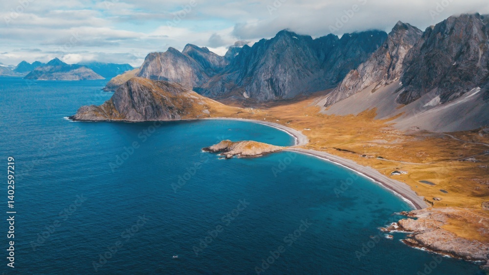 Scenic view of a mountainous coastline overlooking the ocean.