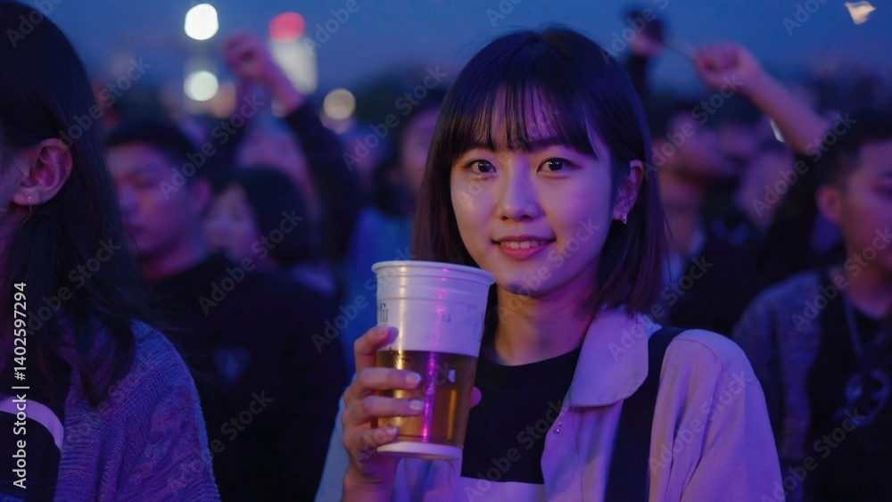 Woman with drink in hand at concert, smiling and enjoying the crowd. Asian culture influence evident in her style.