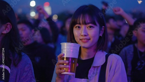 Obraz na płótnie Woman with drink in hand at concert, smiling and enjoying the crowd. Asian culture influence evident in her style. w salonie
