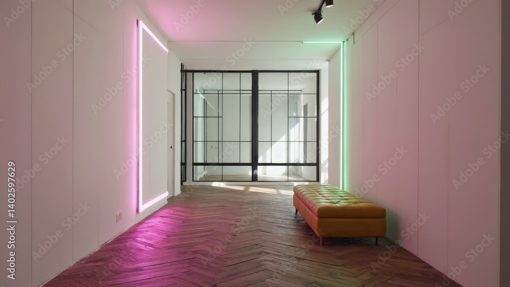 An open, modern art gallery hallway with a high ceiling and vibrant colorful light installations. A minimalist space featuring abstract wall art.