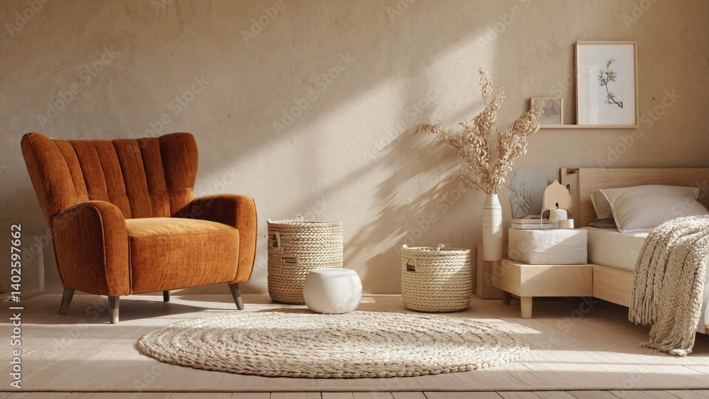 Cozy room with neutral colors and natural textures.