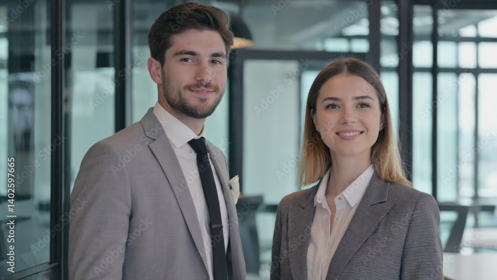 Young man and woman in business attire, smiling at camera.