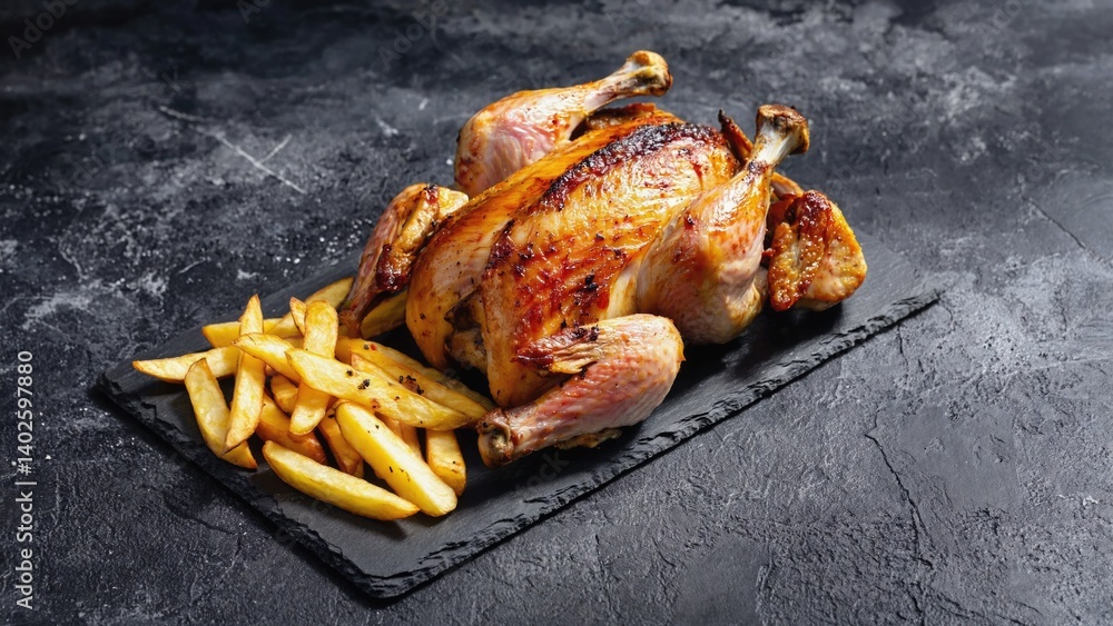 Grilled chicken and potato wedge meal on a black slate serving tray, perfect for a satisfying dinner or lunch.