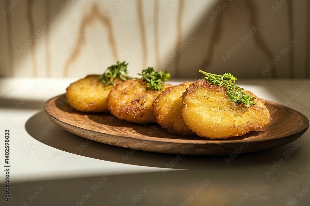 A photo of cooked fried potato cutlets with herbs A photo of cooked fried potato cutlets with herbs