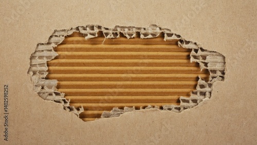Obraz na płótnie Close-up image of cardboard box with hole punched through top, highlighting damage during shipping or handling. w salonie